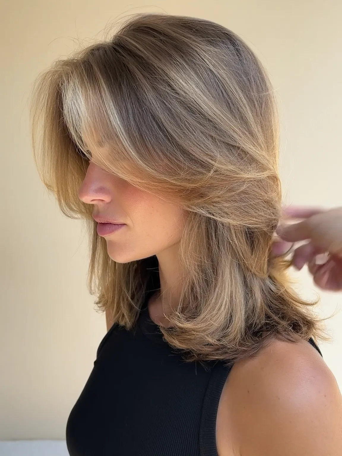 Shoulder-Length Sandy Blonde Layered Cut with Side-Swept Bangs